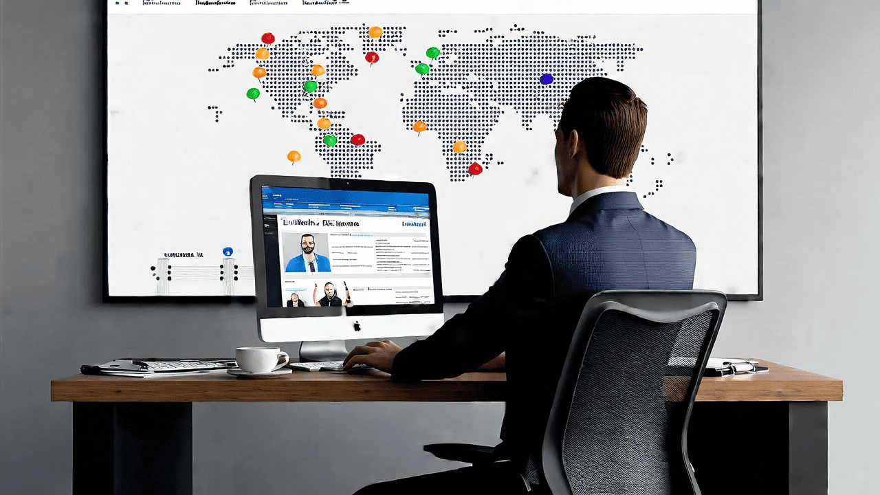 一名商务人士正在使用LinkedIn和AI工具分析潜在客户。