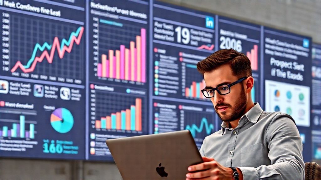 A marketing expert analyzing LinkedIn customer data using AI technology in an office setting for precise marketing