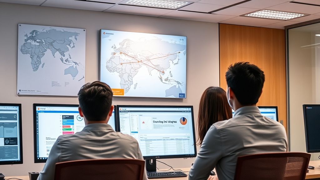 Staff in an office are using foreign trade AI software, combined with Quora customer acquisition features, to improve international business efficiency, showcasing the application scenarios of "AI Civil Servants" in Shenzhen and Guangzhou.