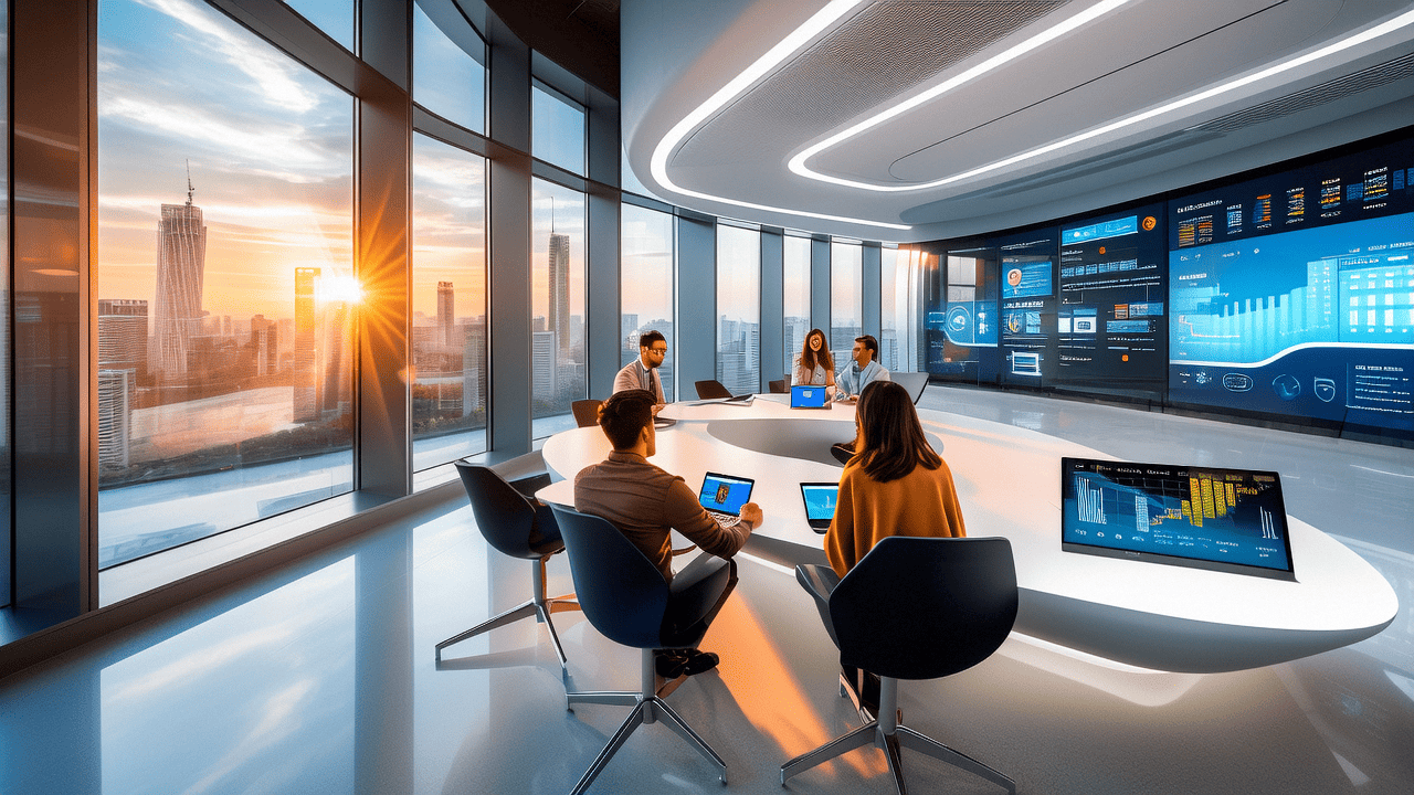 现代化办公室中的团队利用AI技术和地理数据分析进行市场策略规划